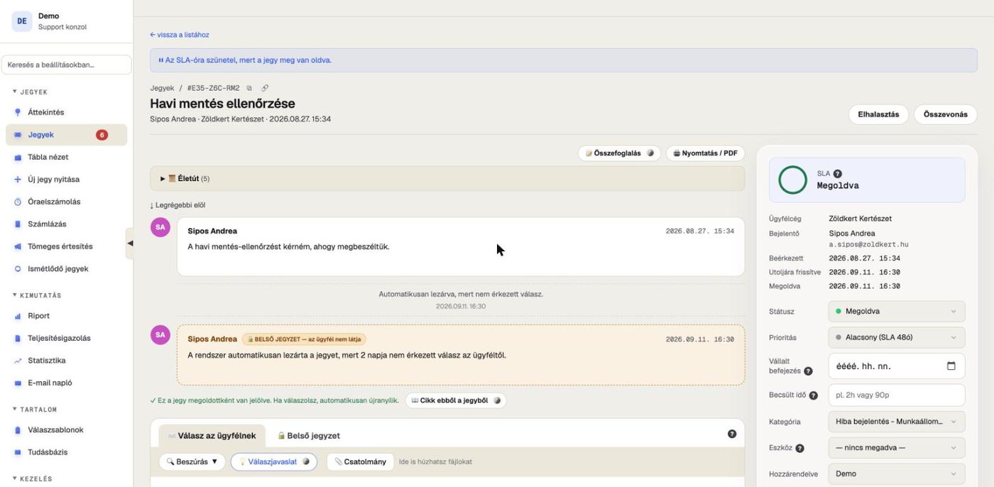Egy megoldott hibajegy részletes nézete, SLA-állapottal és belső jegyzettel